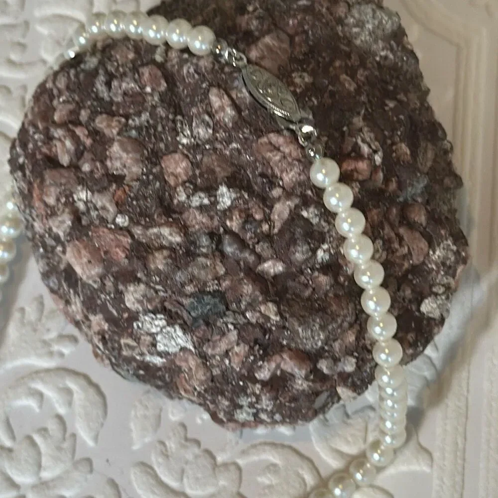 Vintage Art Deco Glass Pearl Choker‎ Necklace With Faceted Clear Crystals 15”